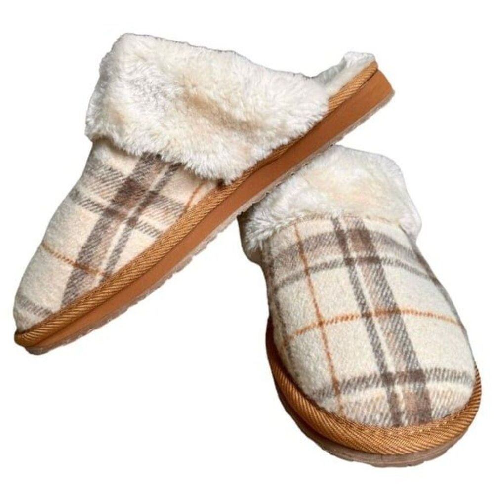 Minnetonka Shar Faux Fur Scuff Tan Brown Plaid Cozy Slip-On Slippers. 9.